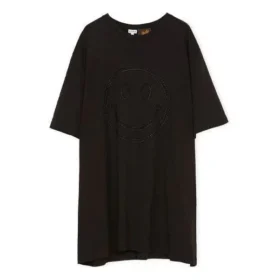 Nakışlı Gülen Yüz Desenli Bol Kesim Kısa Kollu Unisex Siyah S616341X20-1100