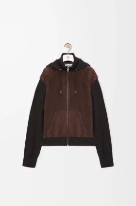 Süet Keçi Derisi ve Yün Karışımından Üretilmiş Hibrit Fermuarlı Kapüşonlu Sweatshirt