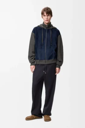 Süet Keçi Derisi ve Yün Karışımından Üretilmiş Hibrit Fermuarlı Kapüşonlu Sweatshirt